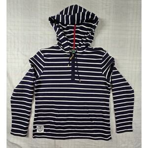 Lauren Ralph Lauren Womens Navy Blue Striped Nautical Theme 1/4 Zip Hoodie L